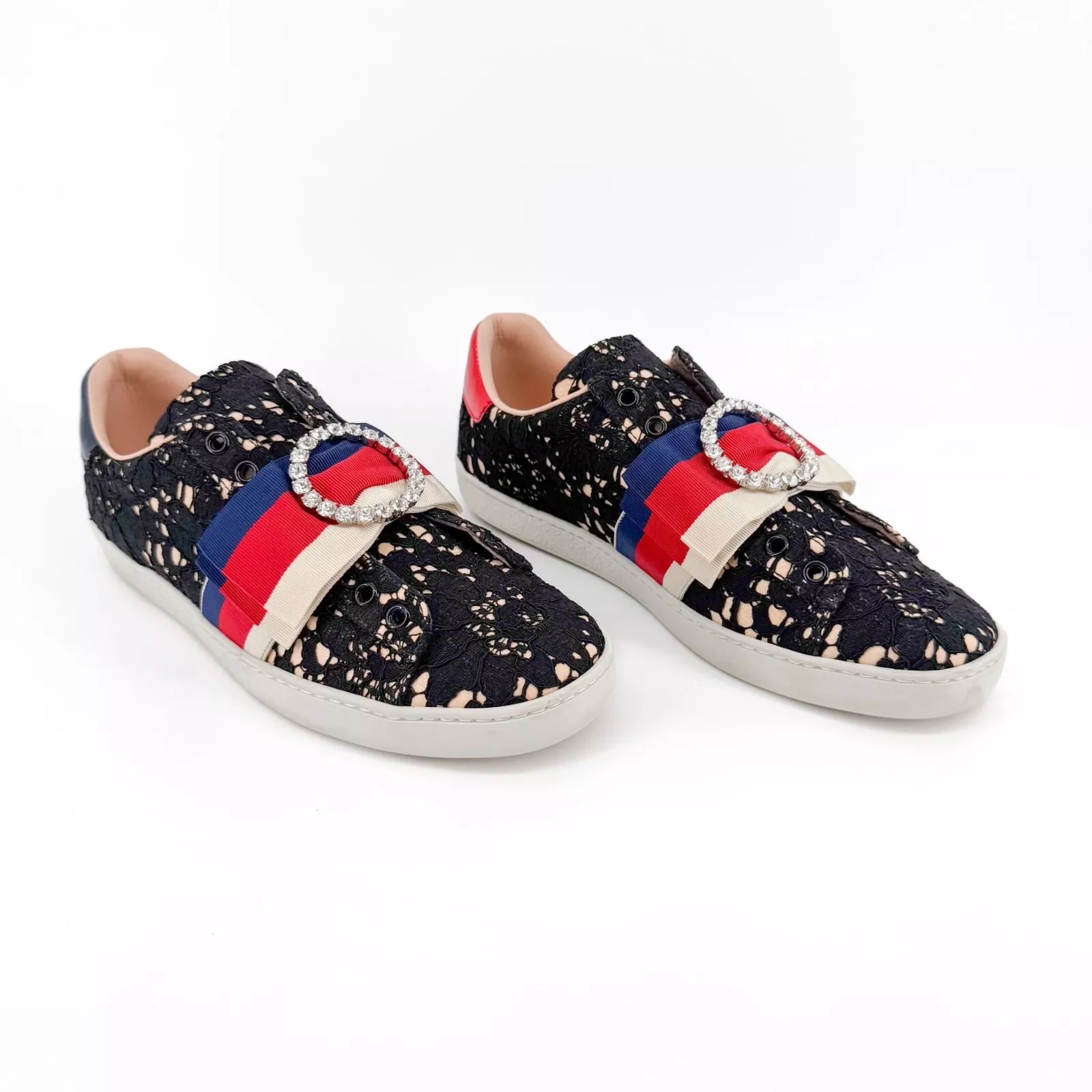 Baskets basses Gucci Ace ornées de cristal EU 39 US 9 noires en dentelle à enfiler nœud