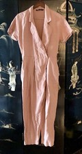 Zara Romper Womens Sz M Pink Linen Cotton Wrap Short Sleeve Tapered Leg Jumpsuit