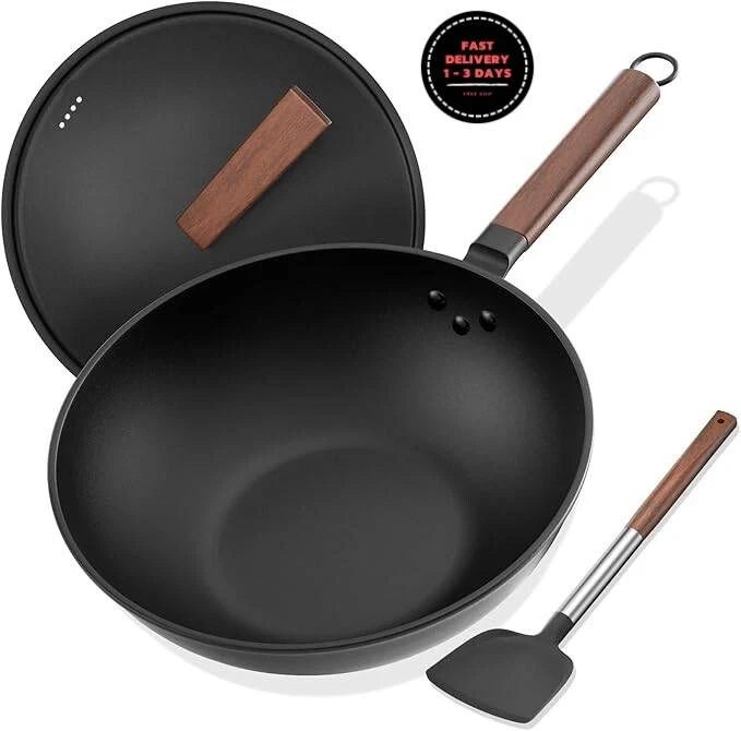 Wok de acero al carbono, 13 pulgadas precurado antiadherente con tapa y espátula