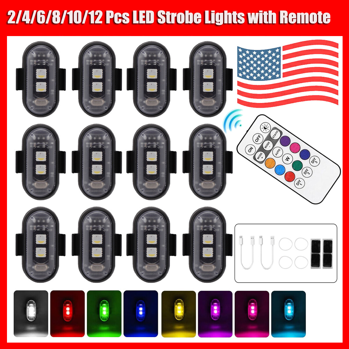 2-12 Pcs Wireless RGB LED Strobe Light W/ Remote Control For Car Bike Motorcycle