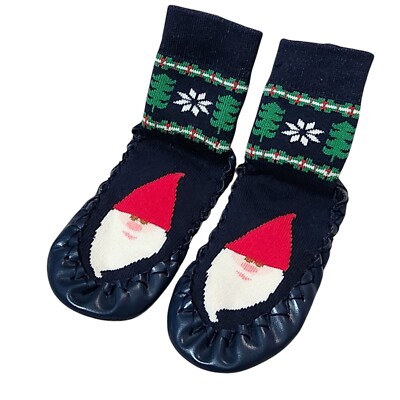 Hanna Andersson Leather Slippers Kids Size 7-9 Christmas Santa Gnome Navy  Nordic