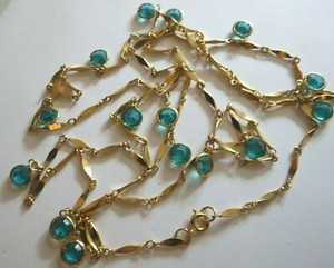 Authentic Bezel Set Aqua Crystal Necklace Gold Plated 50" Long Dangle Wear Double Vintage