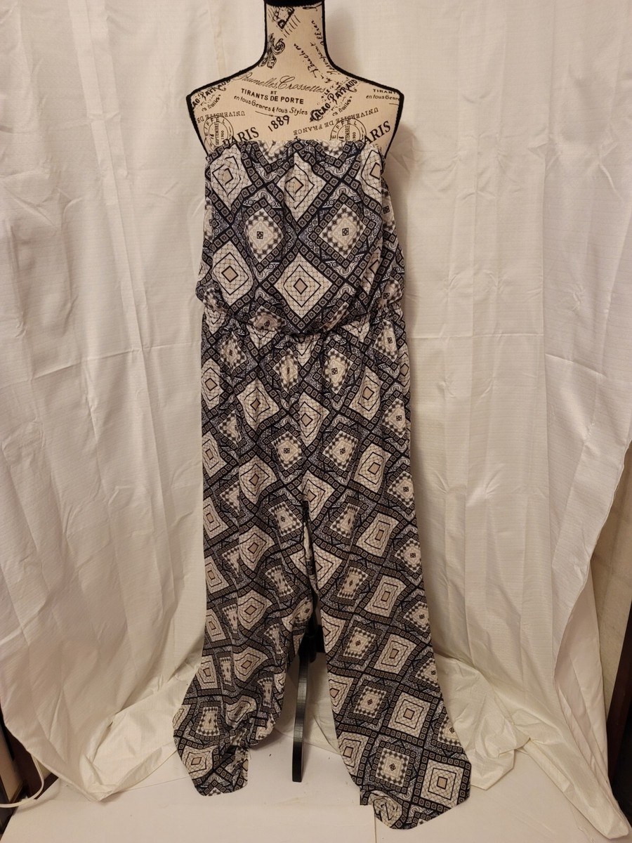 Cato Navy Blue Beige Geometric Print Strapless Jumpsuit Women's
