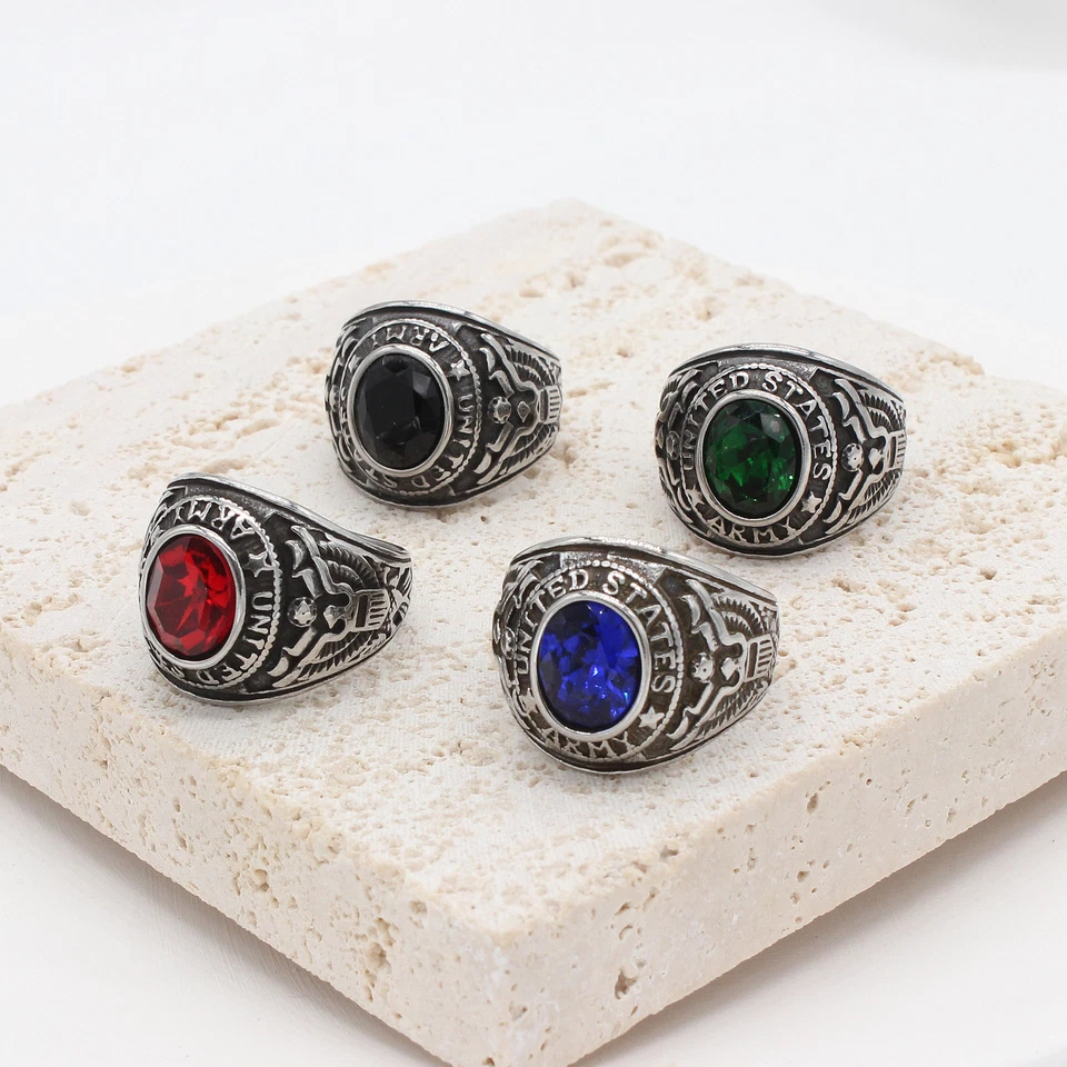 Anillo de piedra militar para hombre de acero inoxidable del ejército de los Estados Unidos banda ovalada talla 7-12 Foto 3 de 4