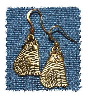 Gold Tone Striped Tiger Cat Kitten Earrings MADE IN USA Shipped Fast! #9