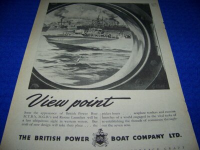 1945 BRITISH POWER BOAT CO. '' MTB/MGB VIEW POINT''..1-PAGE SALES AD..(715Y)