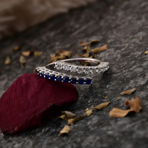 0.72 TCW Synthetic Blue Gemstone Lab Grown CVD Diamond Cuff Ring 14k White Gold - Picture 6 of 13