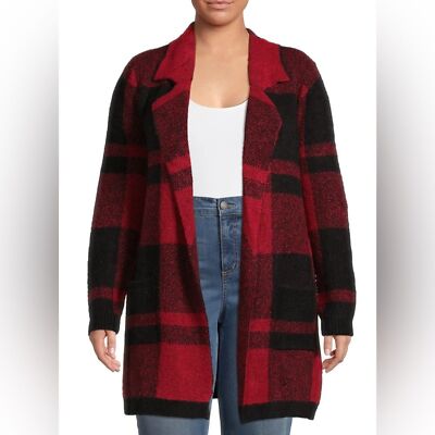 Absolutely Famous Womens XL Red Black Buffalo Plaid Open Front Cardigan Pockets