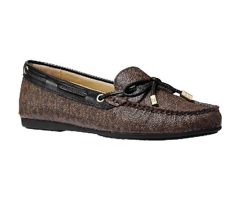 MK Michael Kors Sutton Moccasins Brown Black Leather Logo Loafers Size 9 - Picture 1 of 11