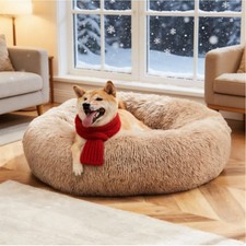GIANNA 30 Inch Round Calming Donut Pet Bed Brown Anti-Anxiety Fluffy Plush Dog