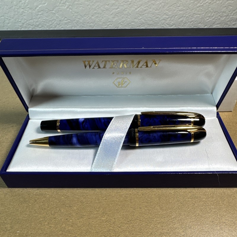 Waterman Phileas Blue Marble & Gold Trim Fountain Pen Set In Box Need Ink