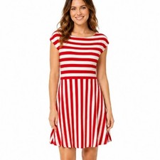 LOFT Petite Dress 10P Red White Striped Fit Flare Cap Sleeve Nautical Stretch