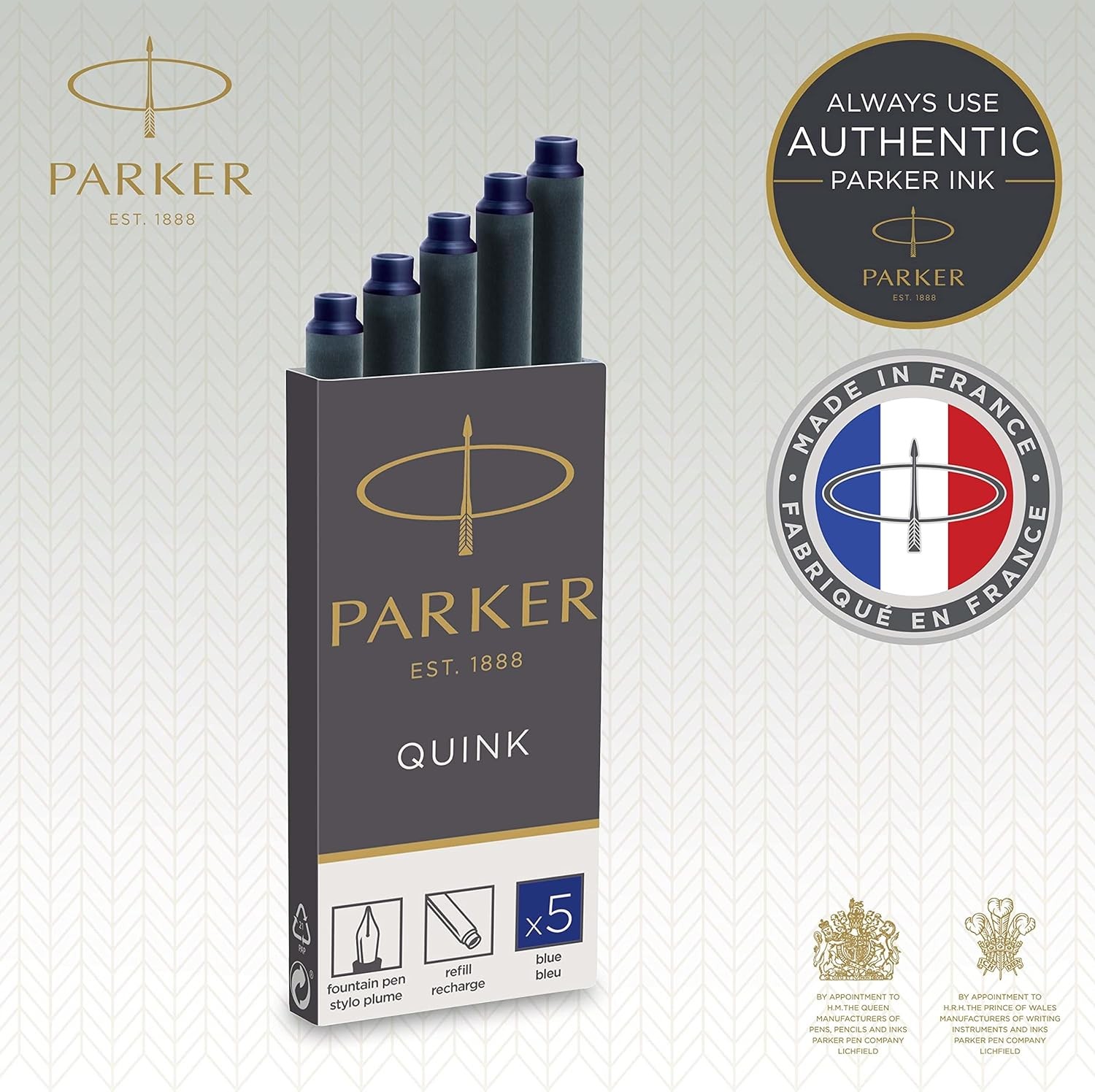 Parker Quink Ink Cartridges - Long Size - Pack of 5 - Blue