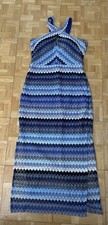 GUESS Sz 8 Blue Multicolor Geometric Crochet Halter Sleeveless Long Sheath Dress