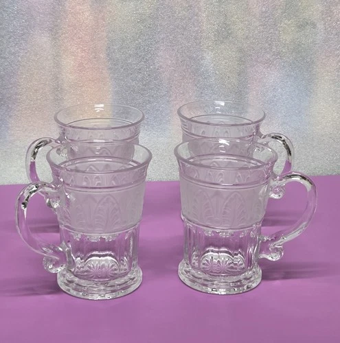 Vintage Art Deco Crystal Mugs: Acanthus Leaf Satin Band, Set of 4