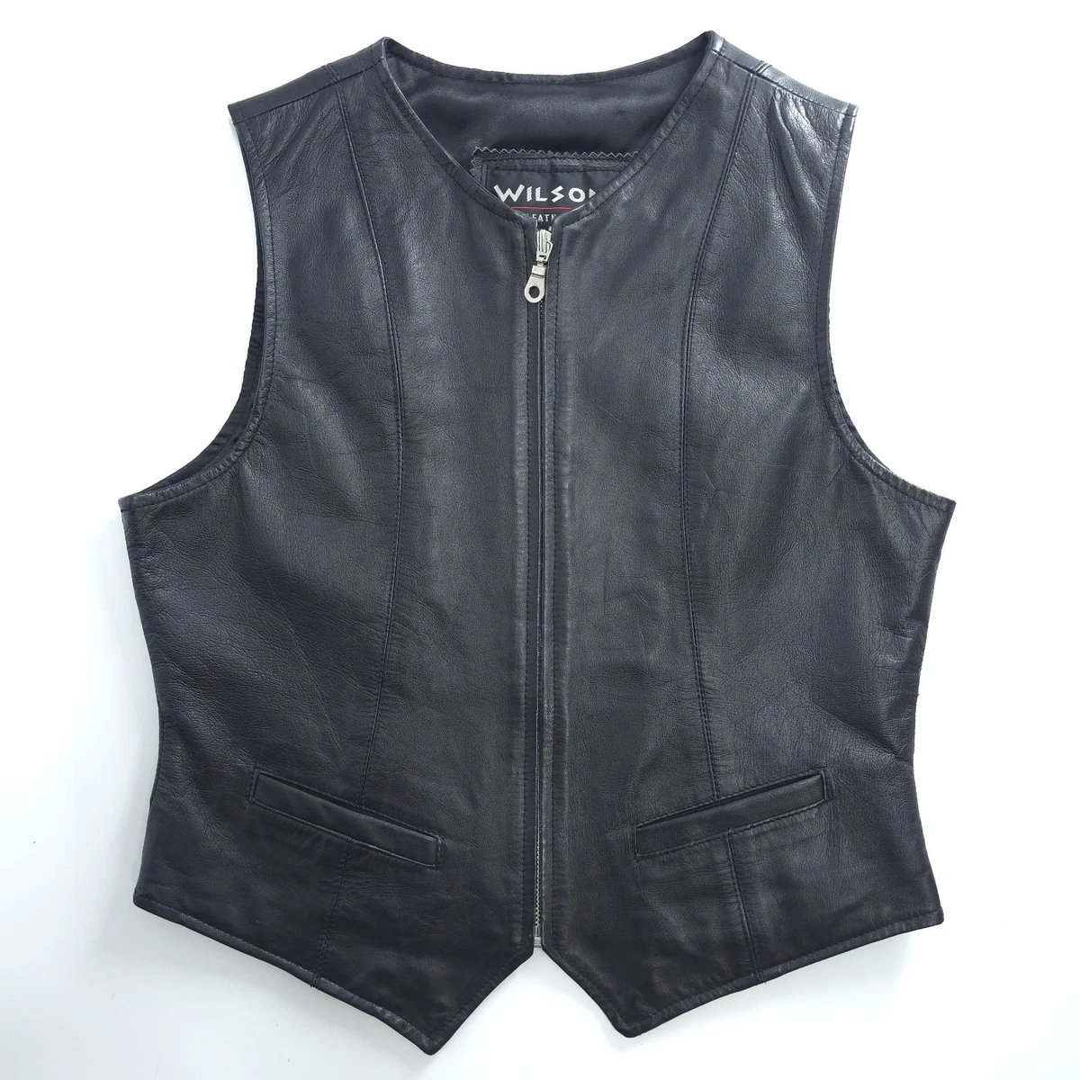 MDM Women's Vintage Black Cowhide Leather Biker Vest – Classic V-Neck, Buckle Closure
