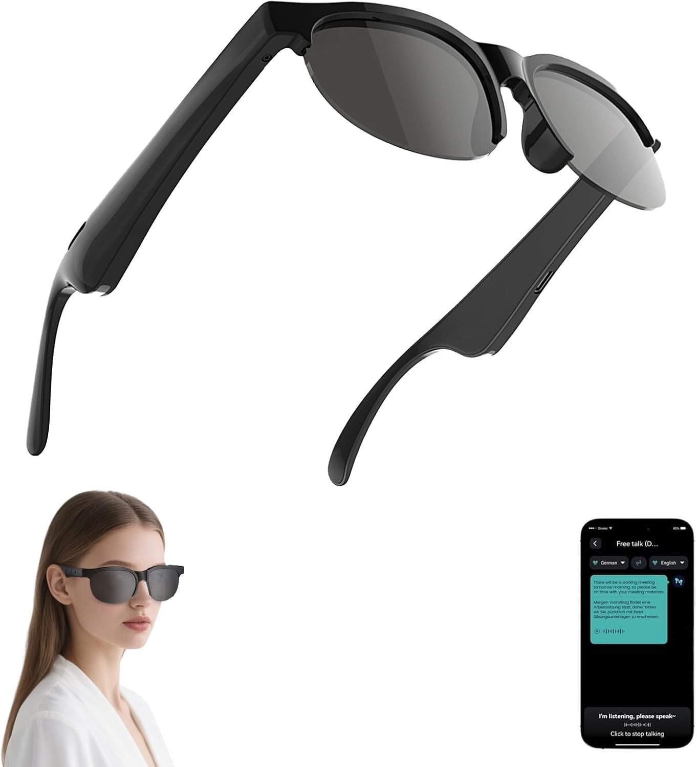 AI Translator Smart Glasses with Bluetooth Audio & Photochromic Lenses + Voice Assistant