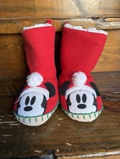 Disney Store Christmas Mickey Mouse Holiday Soft Slippers Fur Lined Kids 9/10