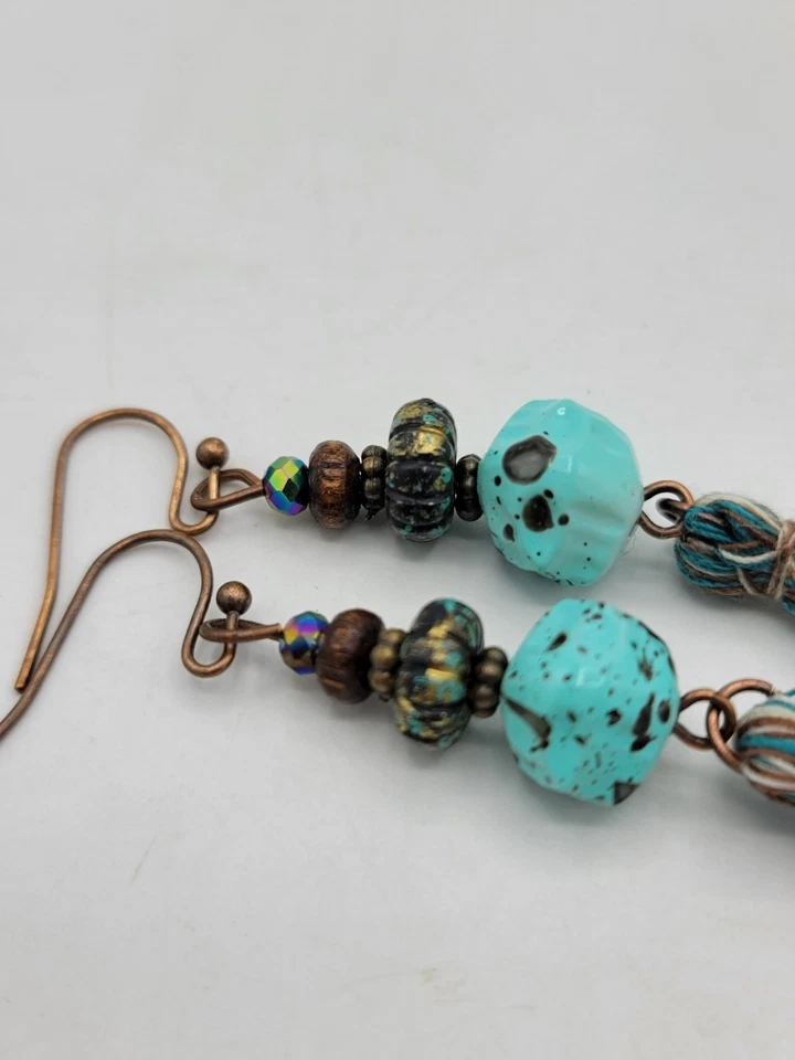 Boho Tassel Earrings Set Turquoise Beaded & Silver Mandala Festival Dangles - Image 4 of 4