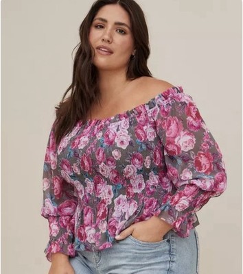 Torrid Floral Chiffon Smocked Ruffle Top Sz 3 Off Shoulder Romantic Cottagecore