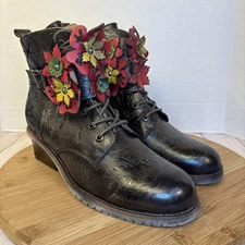 L Artiste Spring Step Groovie Ankle Boot Bootie Brown Leather Flowers Size 38