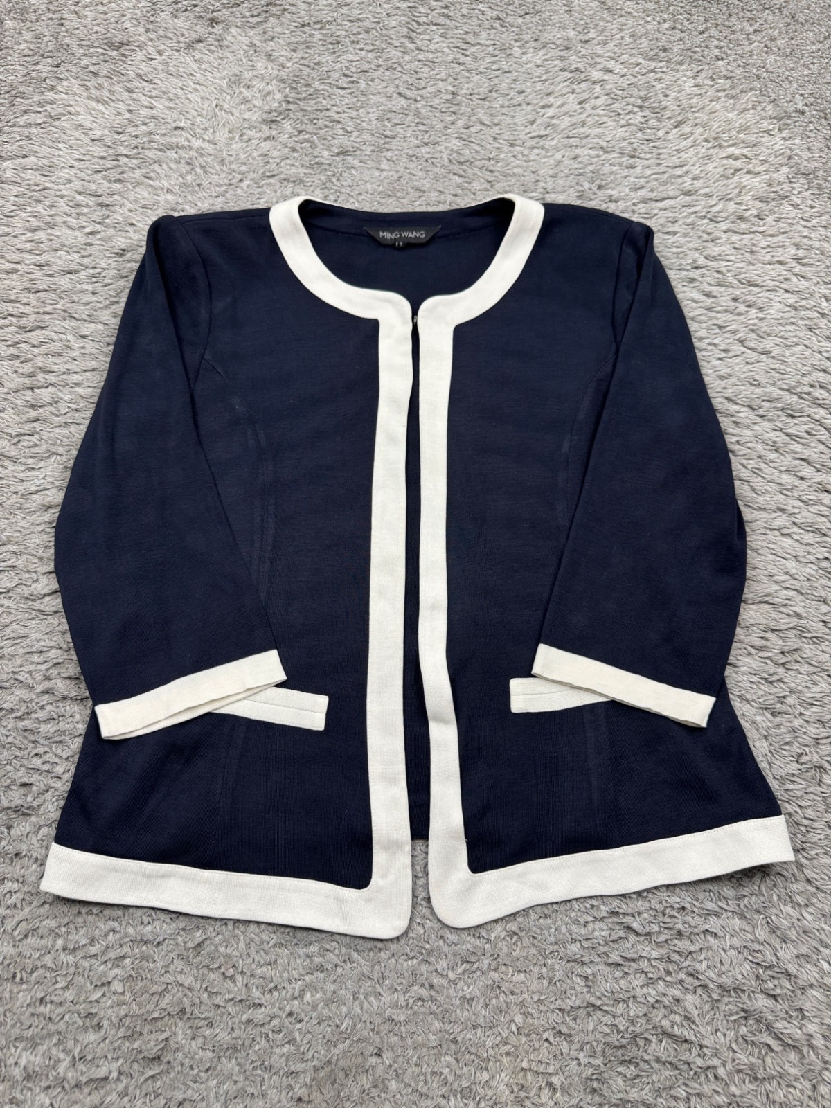 Ming Wang Jacket Women Large Navy Blue 3/4 Sleeve Blazer Chore Career Cardigan