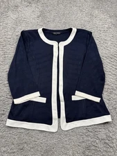 Ming Wang Jacket Women Large Navy Blue 3/4 Sleeve Blazer Chore Career Cardigan