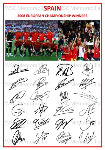 12703. Spain Euro 2008 Signed Team Picture Sheet (PRINTED AUTOGRAPHS A4) Winners