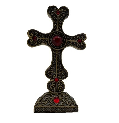 ORNATE JEWELED METAL TABLE ALTER CRUCIFIX CROSS 4'' TALL