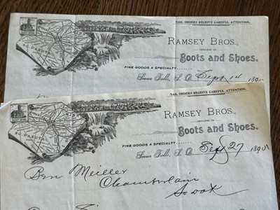 2) 1895 RAMSEY BROS. BOOTS & SHOES Illustrated Letterheads Sioux Falls SD