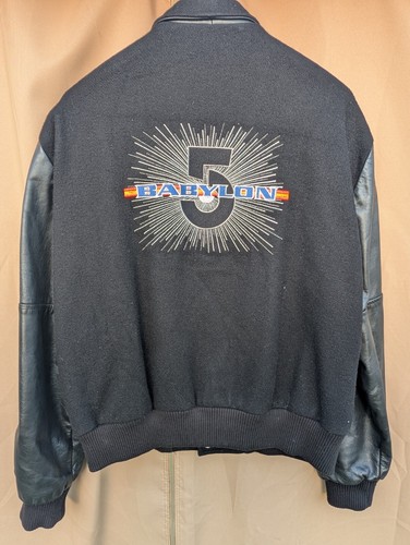 Nice Babylon 5 Leather Cast And Crew Jacket Mens Embroidered Wool Sleeve Black