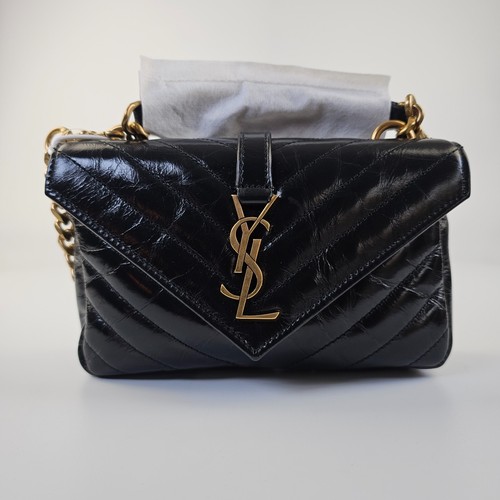 SAINT LAURENT College Mini Black Shiny Leather Shoulder Bag New/Authentic