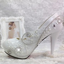 Women Lace Gems Wedding Bridal Bridemaid Pump 2"/3"/4" Heels Flat shoes
