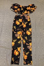 2-Piece Floral Pant Set  Midriff Double Ruffle Top  Straight Leg pants  Sz Large