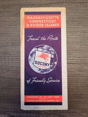 Massachusetts Connecticut & Rhode Island Road Map Courtesy of Socony 1938 (UO) (