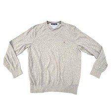 Tommy Hilfiger Sweater Mens Size Medium Gray Cotton Cashmere V Neck Preppy