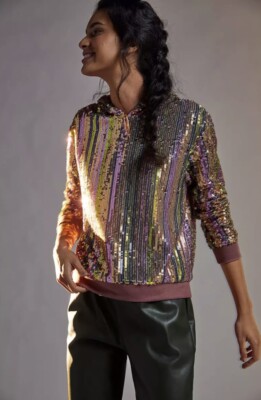 Anthropologie Lydia Sequin Hoodie Banded Pullover Top Rainbow Stripe Size S NWT