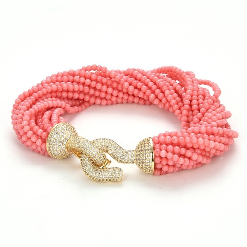 8,5 Zoll 20 Stränge Rosa Koralle Rund Perlen Armband Goldfarben Vergoldet CZ Pavé Verschluss