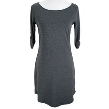 Soybu Elana Dress Womens Size M Gray Black Stripe Roll Tab Sleeve Rounded Hem