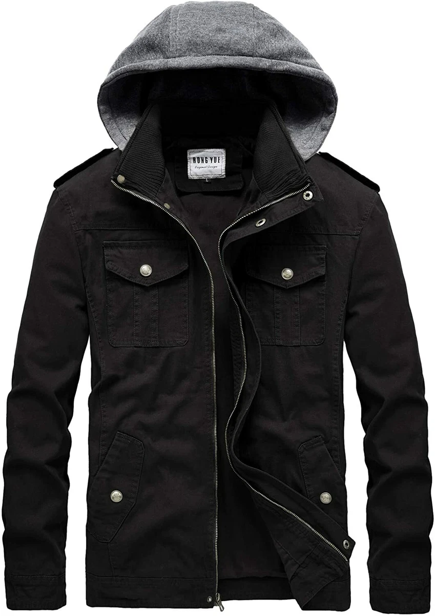 RongYue Men's Casual Cotton Military Windbreaker Jacket with Removable Hood  | eBay