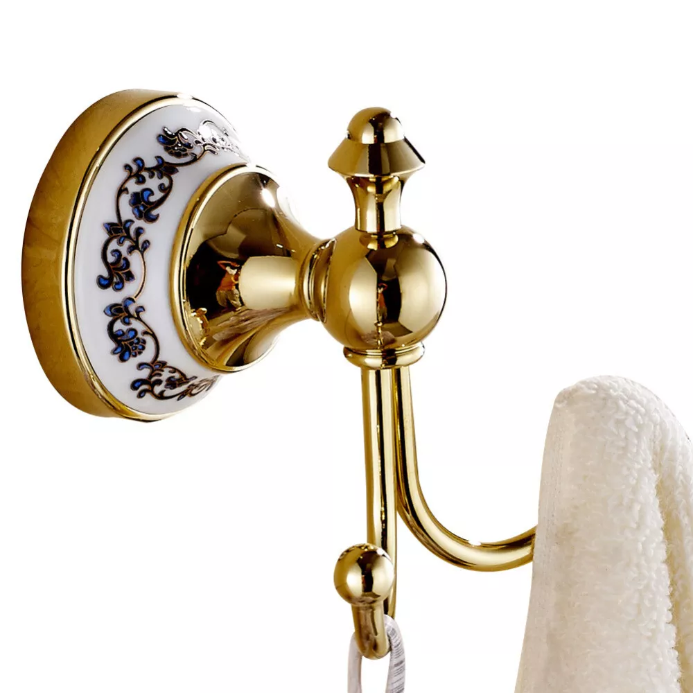 Luxury Gold Brass Robe Hook Wall Mounted Bathroom Towel Clothes Coat Hooks
