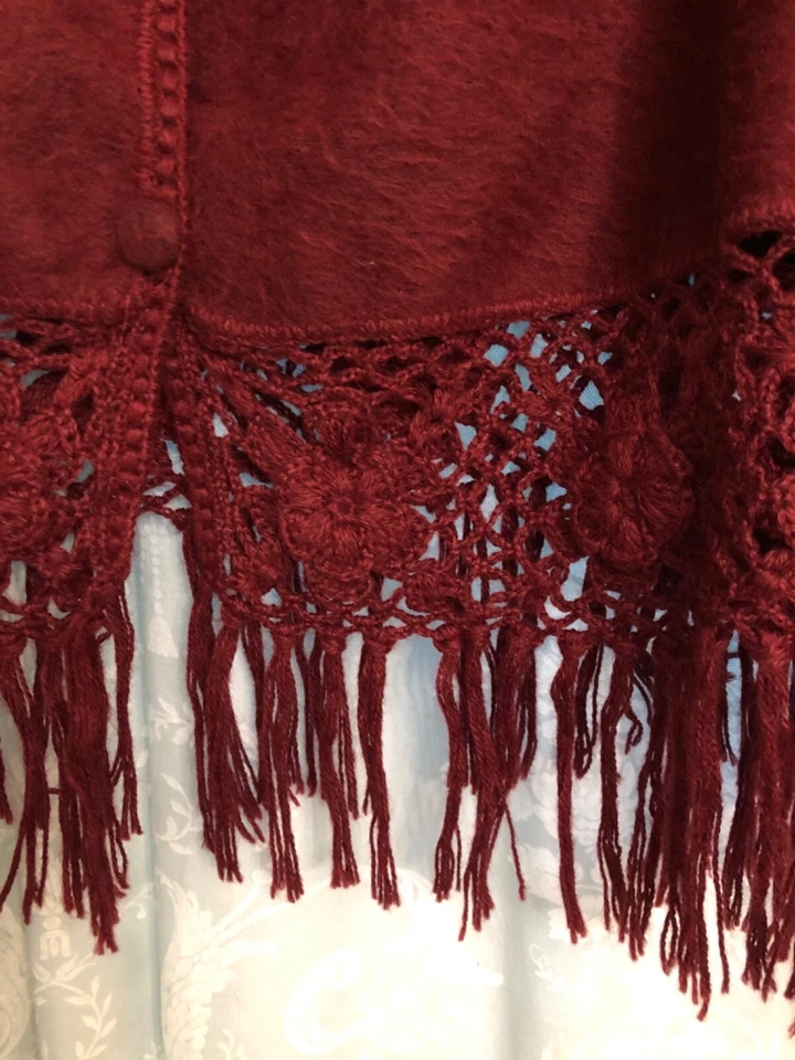 Cherry Red DIANA Peruvian Alpaca Floral Crochet fringed Poncho Cape Wrap - Image 3 of 4