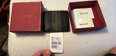 Bally Men s Bifold Wallet Black w/ Red Stripe Logo Accent Credit Card Slots