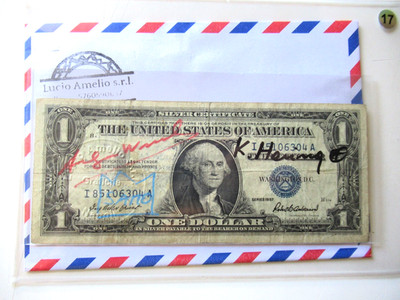 C) A. WARHOL/K. HARING/J. M.BASQUIAT: 1$ BANKNOTE 4x SIGNIERT, USPS 15.FEB 1977!