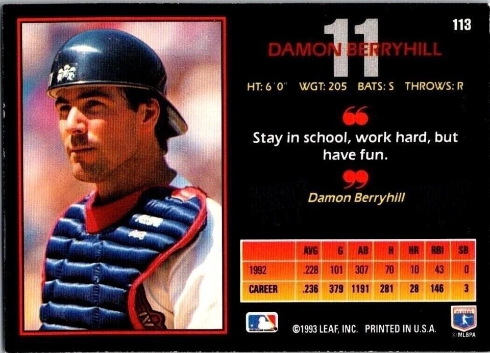 Damon Berryhill Atlanta Braves 113 Donruss Triple Play 1993 Baseball Card - Image 2 of 2