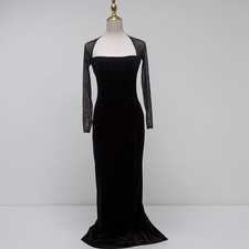 Vestido de Noche De Colección Años 90 Cache Terciopelo Cuentas XS Marrón Malla Transparente Maxi FairyGrunge