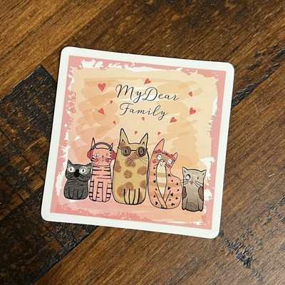 My Dear Family Square Cats Sticker - Hearts Pink Brown Gray Cats Kittens 2.5 