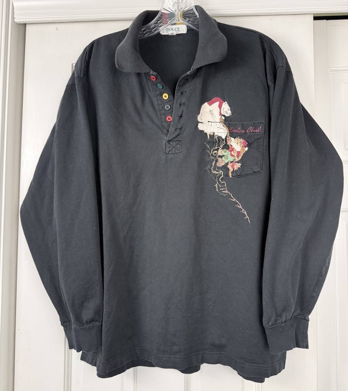 VTG Dolce Club Mens Polo Shirt Mountain Climbers Embroidered LG Black OOAK