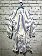 Nine West, Women L, White/Blue Striped Long Sleeve Collarless Button Down Dress