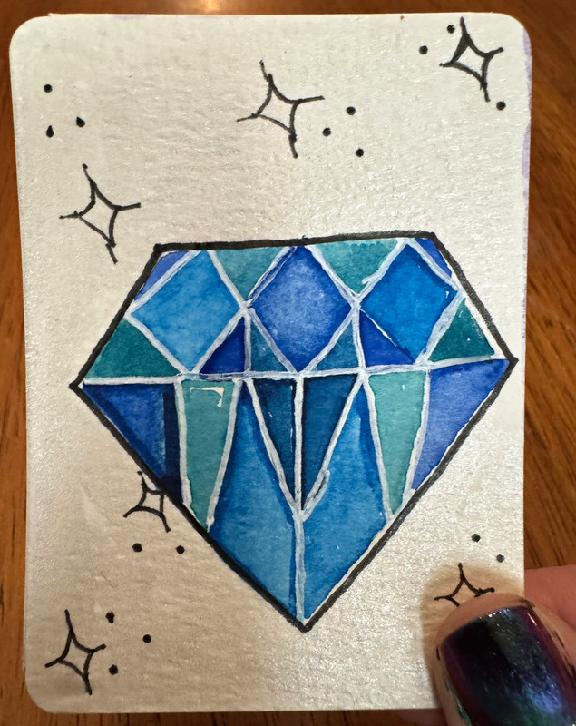 ACEO Original watercolor blue geometric diamond & stars illustration, 2.5x3.5